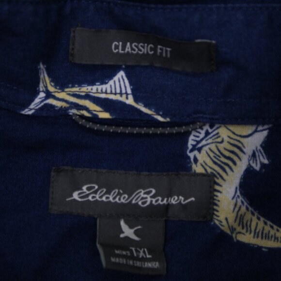 Eddie Bauer Shirt Mens TXL XL-Tall Blue Fish Print Classic Fit S/S Button Down - Picture 7 of 12